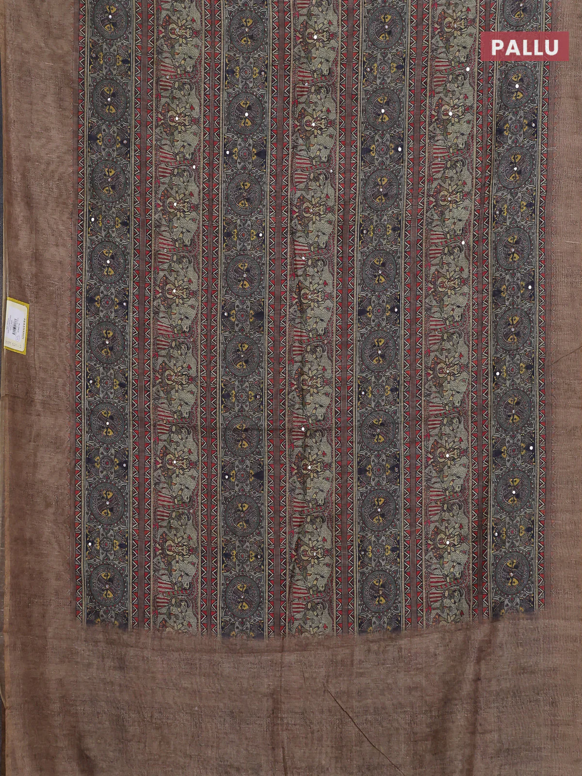 Semi linen saree beige with allover madhubani prints & mirror work - Image 3