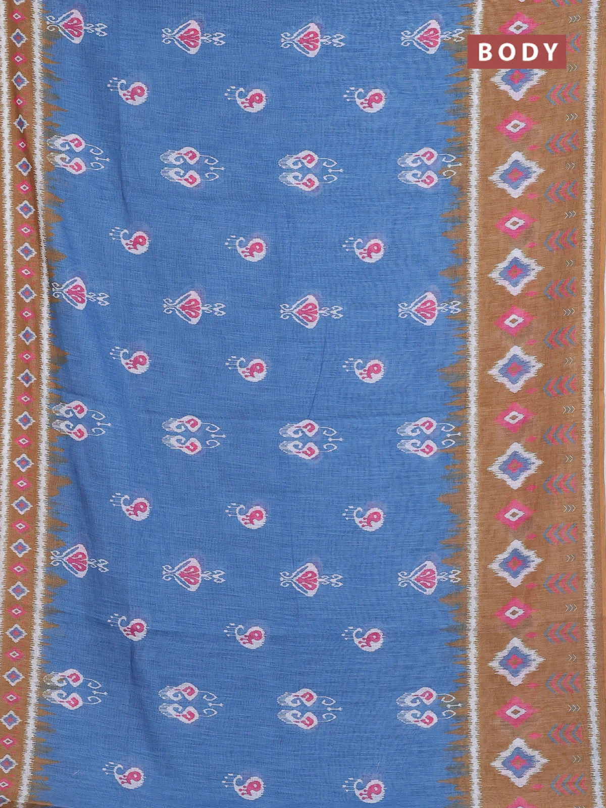 Semi linen saree blue and dark mustard with allover ikat butta prints and long printed border - Image 2
