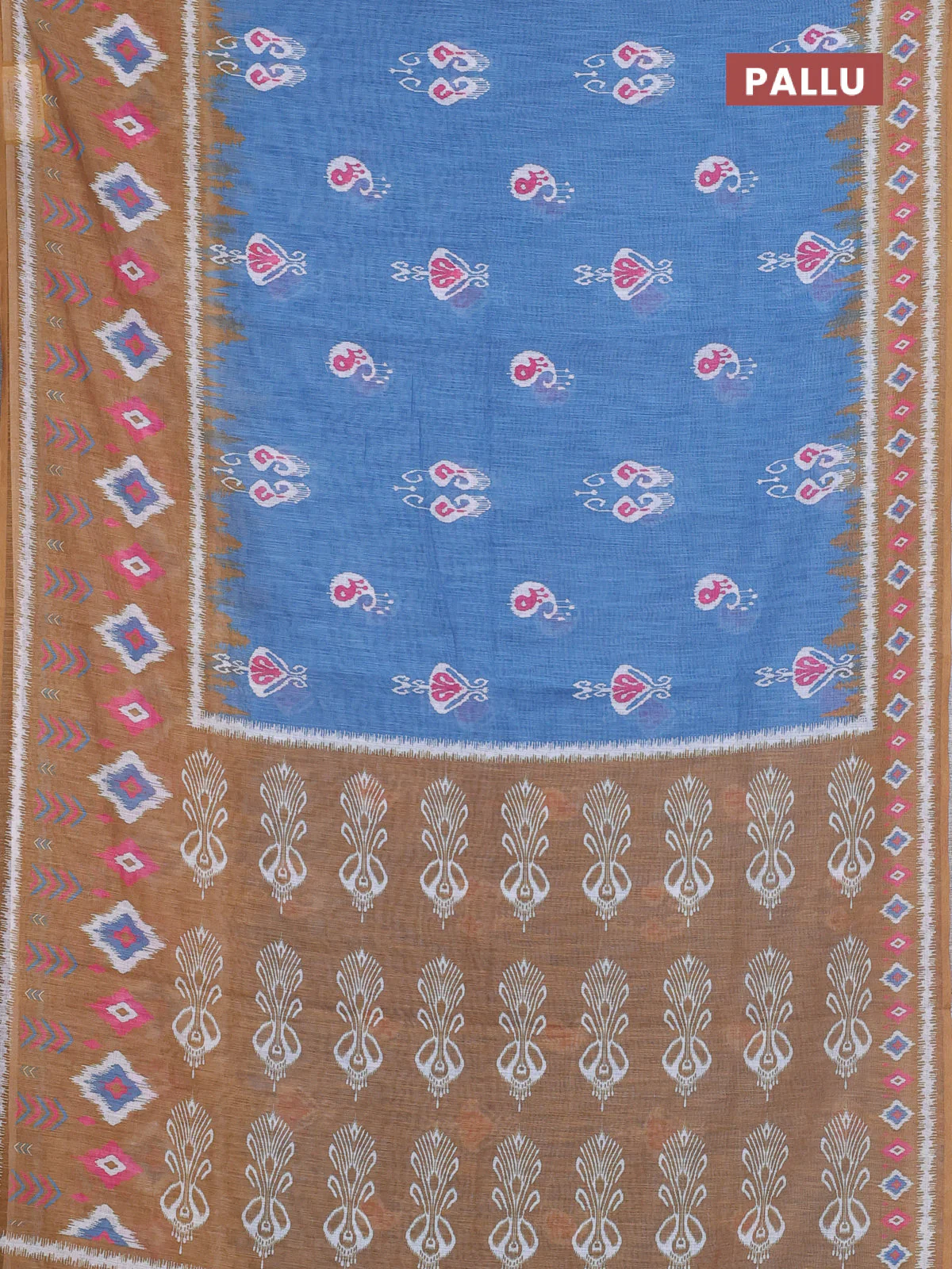 Semi linen saree blue and dark mustard with allover ikat butta prints and long printed border - Image 3