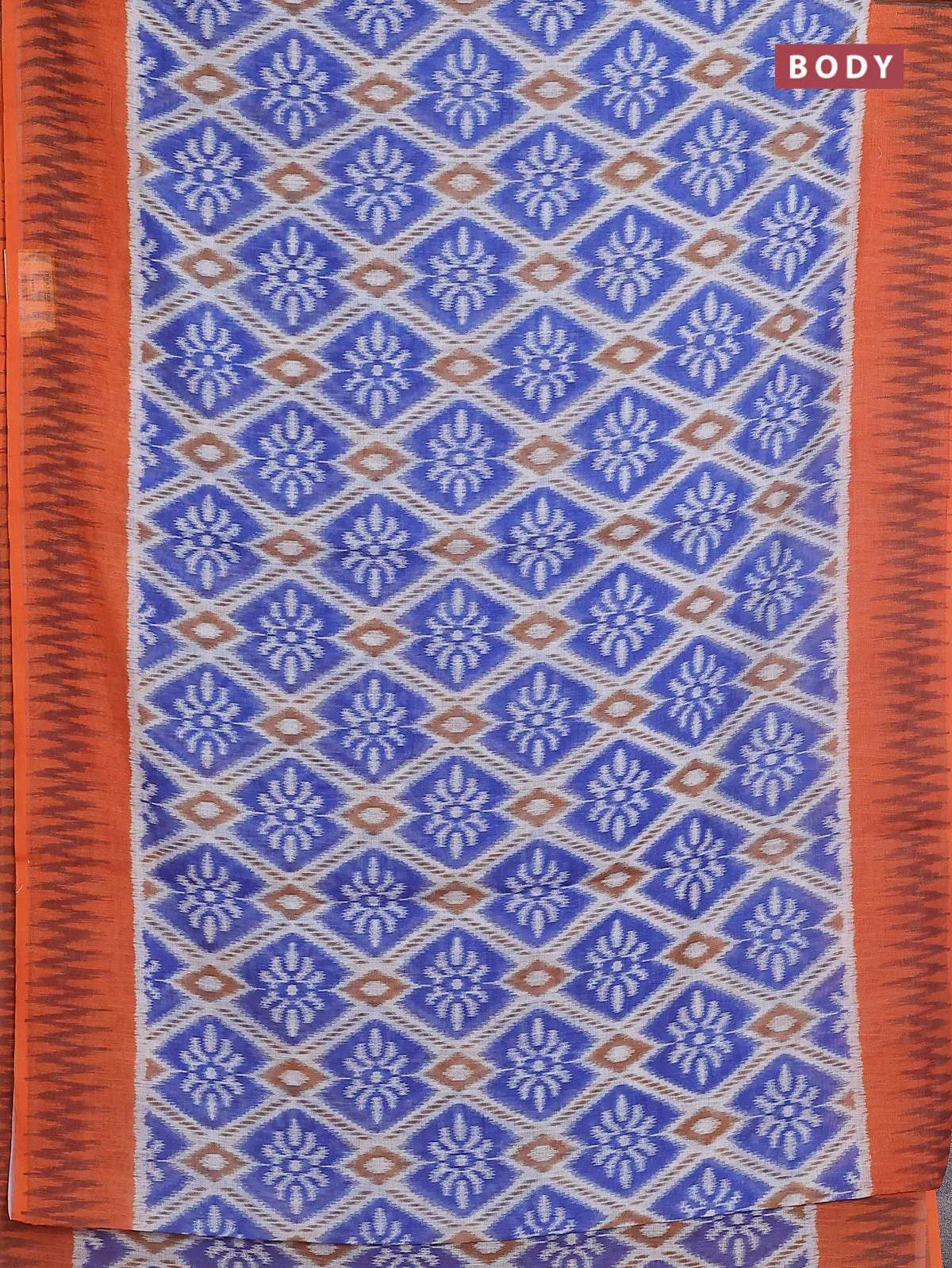 Semi linen saree blue and orange with allover ikat prints and printed border - Image 2