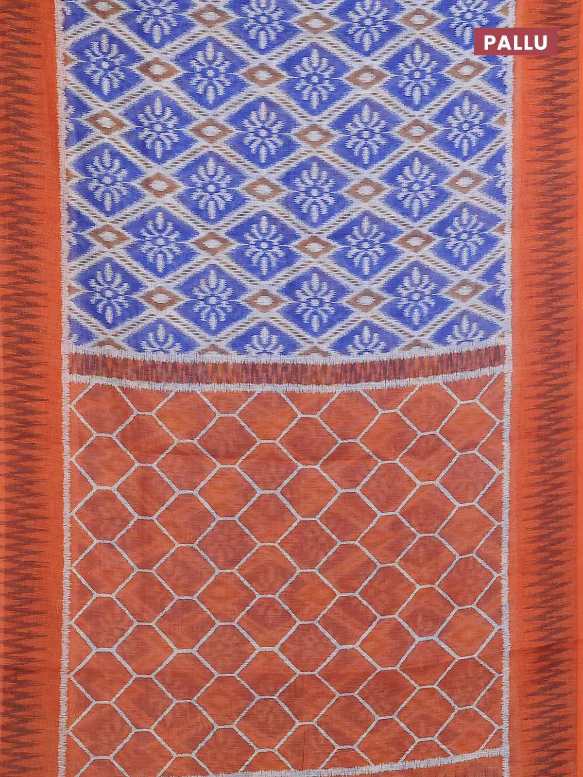 Semi linen saree blue and orange with allover ikat prints and printed border - Image 3