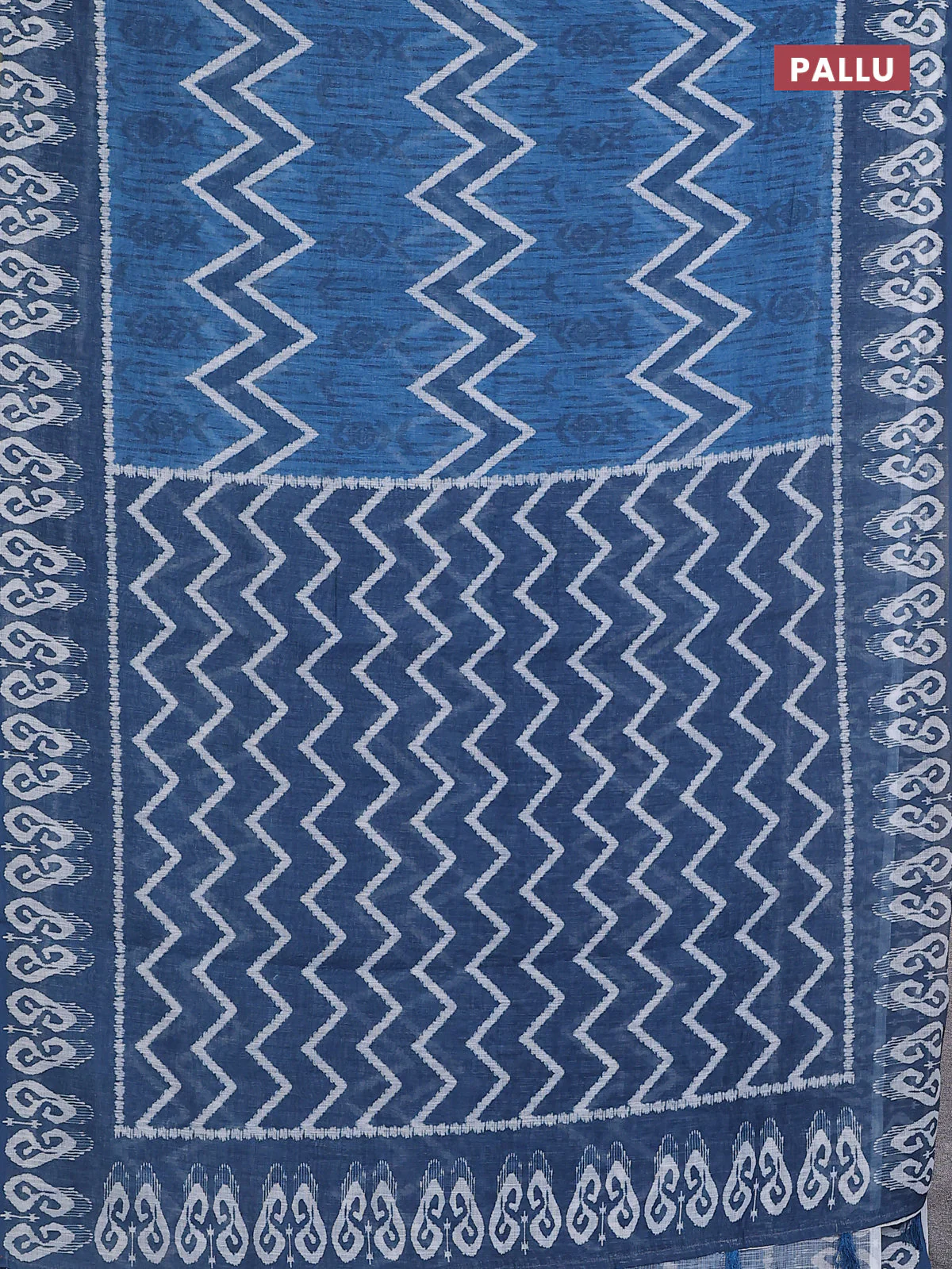 Semi linen saree blue and peacock blue with allover ikat prints and printed border - Image 3