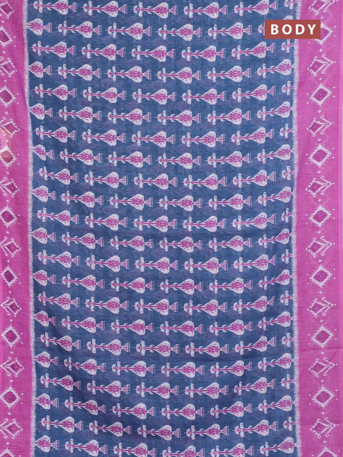 Semi linen saree bluish grey and pink with allover ikat prints and long printed border - Image 2