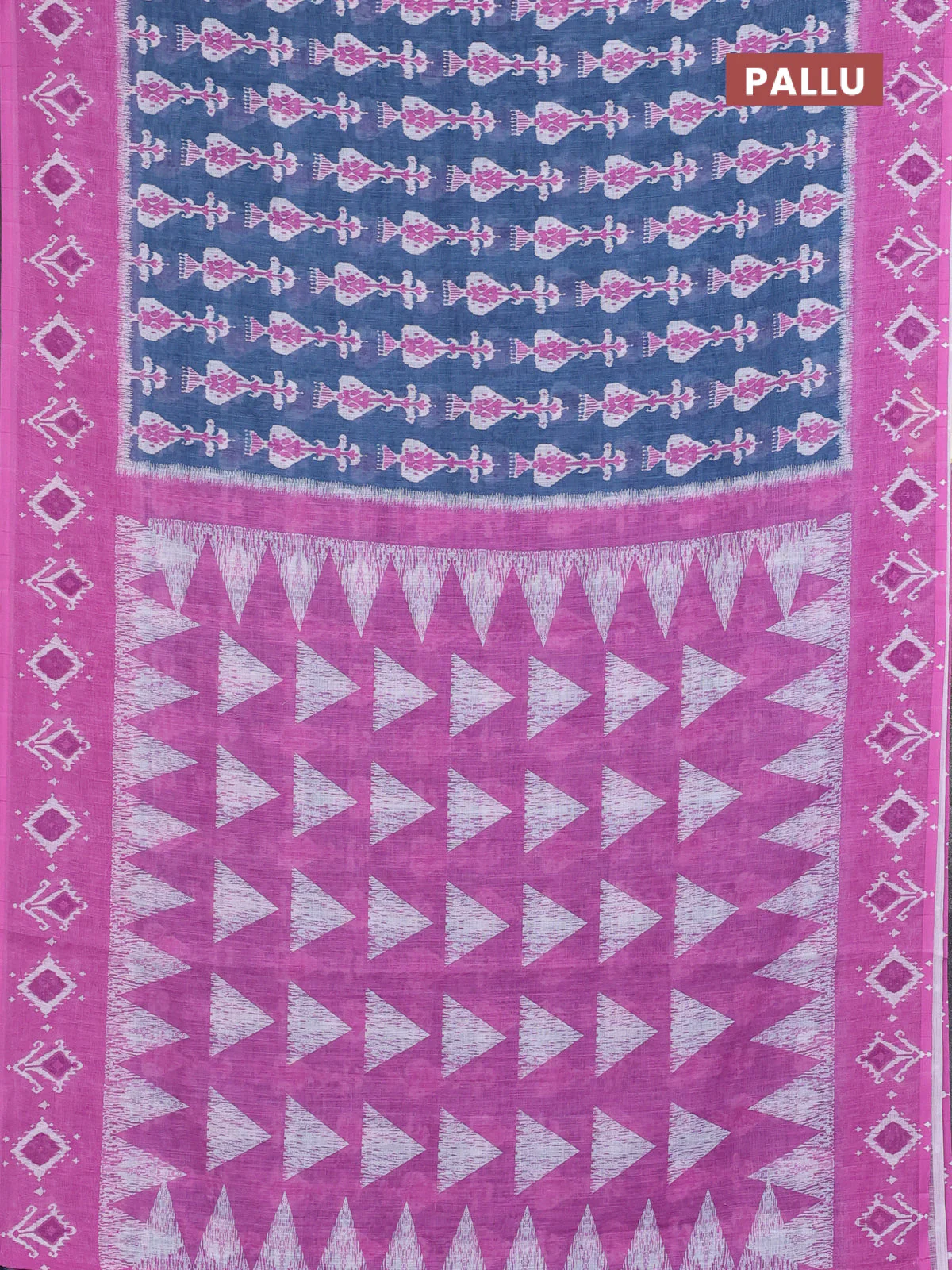 Semi linen saree bluish grey and pink with allover ikat prints and long printed border - Image 3