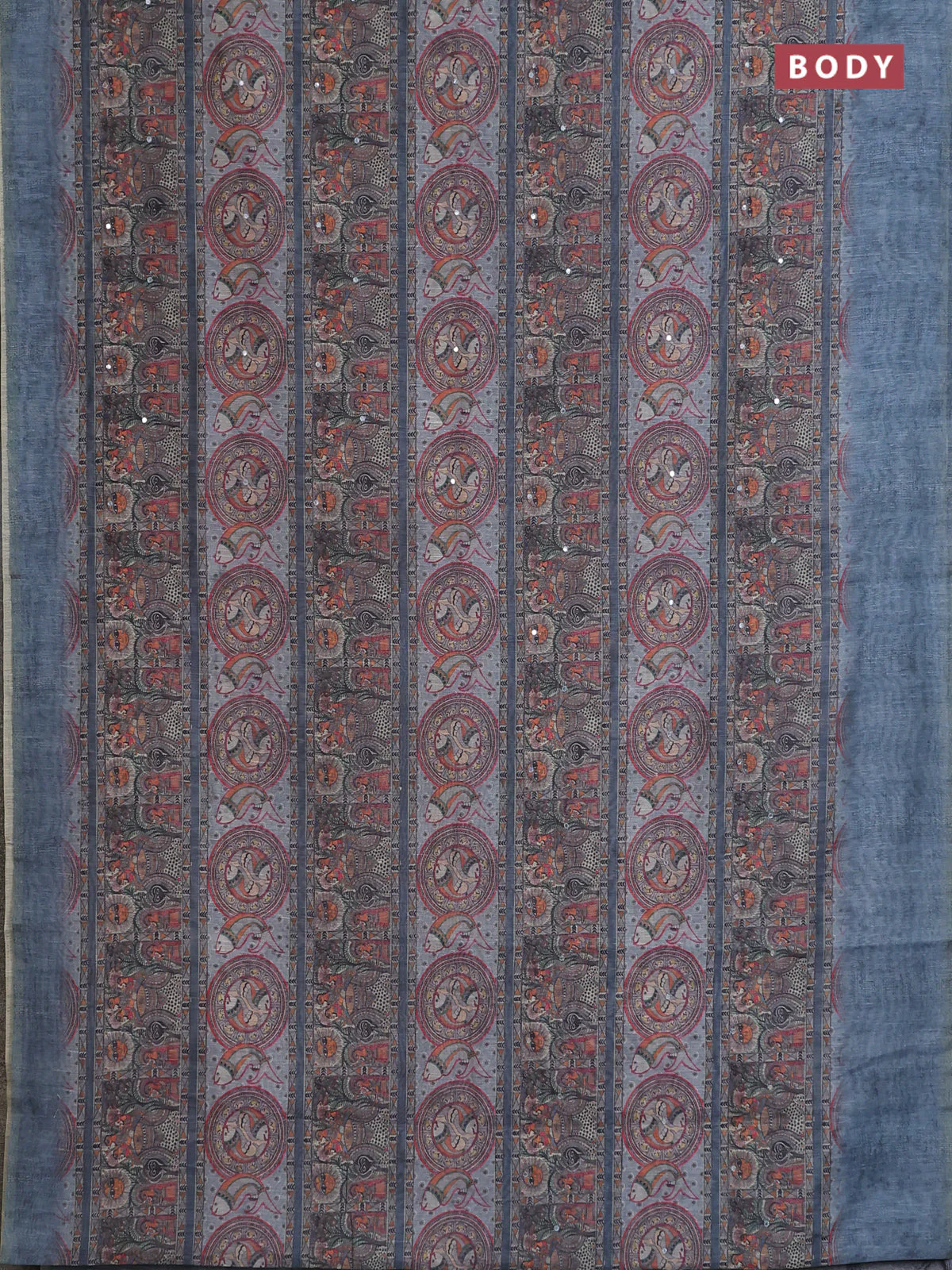Semi linen saree bluish grey with allover madhubani prints & mirror work - Image 2
