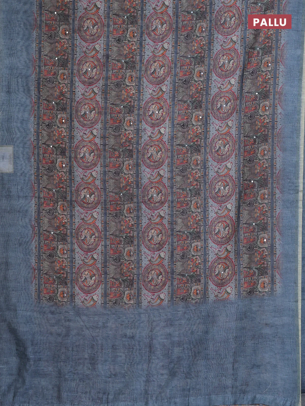 Semi linen saree bluish grey with allover madhubani prints & mirror work - Image 3