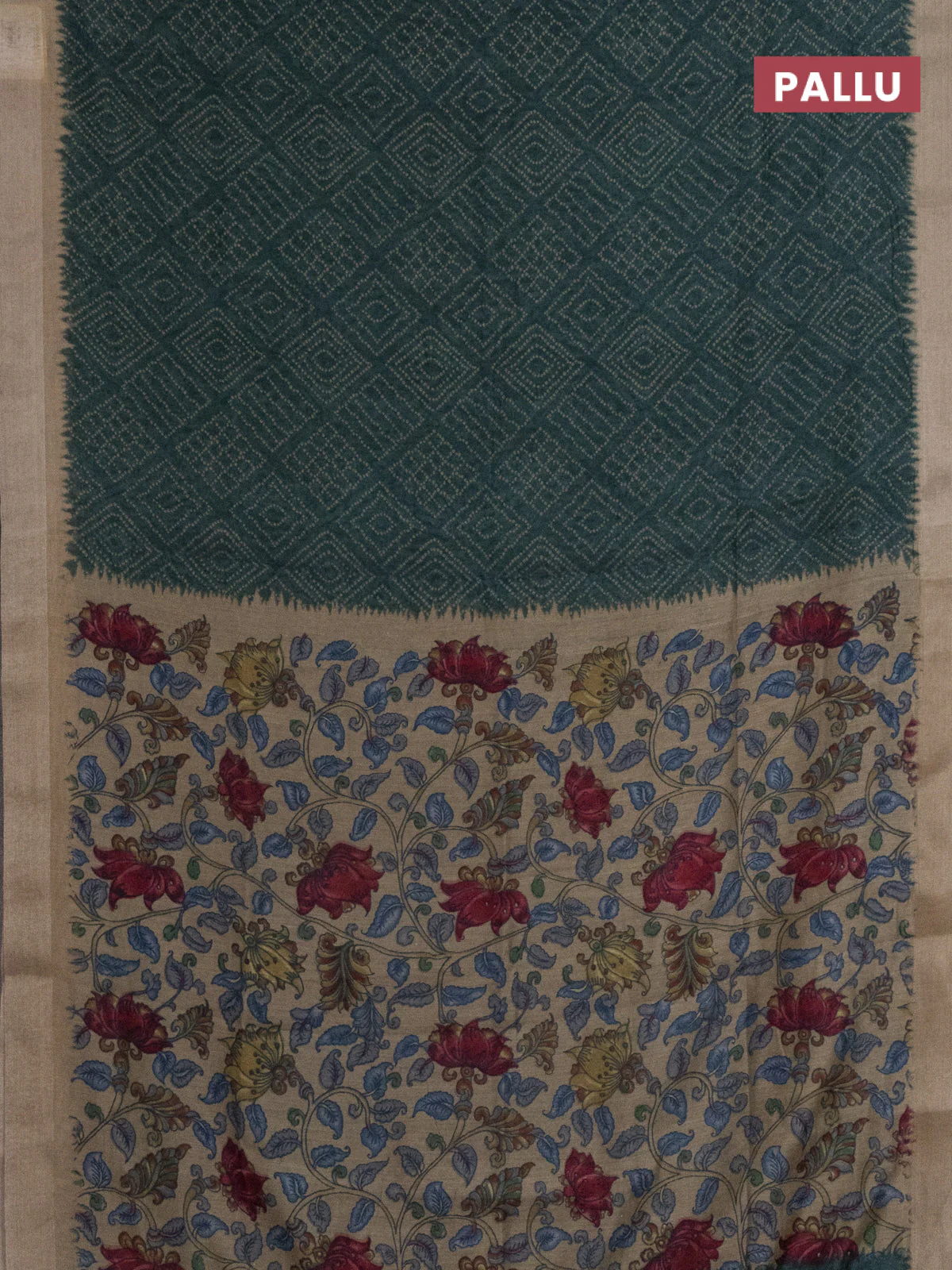 Semi linen saree bottle green and beige with allover bandhani prints and kalamkari printed pallu & blouse - Image 3
