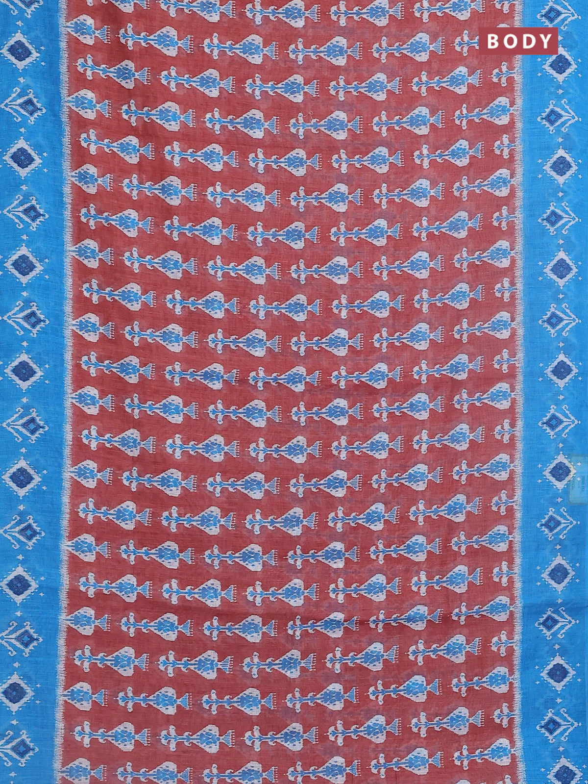 Semi linen saree brown and blue with allover ikat prints and long printed border - Image 2