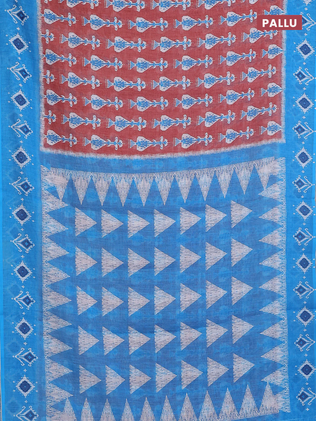 Semi linen saree brown and blue with allover ikat prints and long printed border - Image 3
