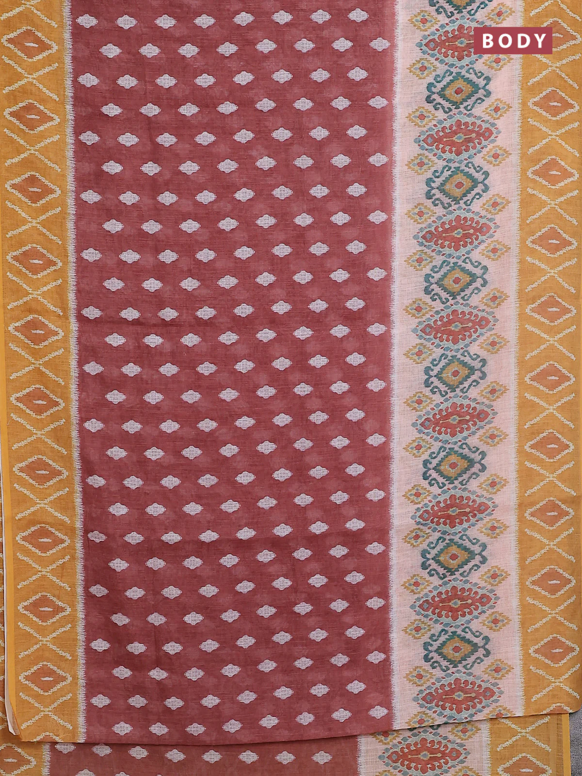 Semi linen saree brown and mustard yellow with allover ikat butta prints and printed border - Image 2