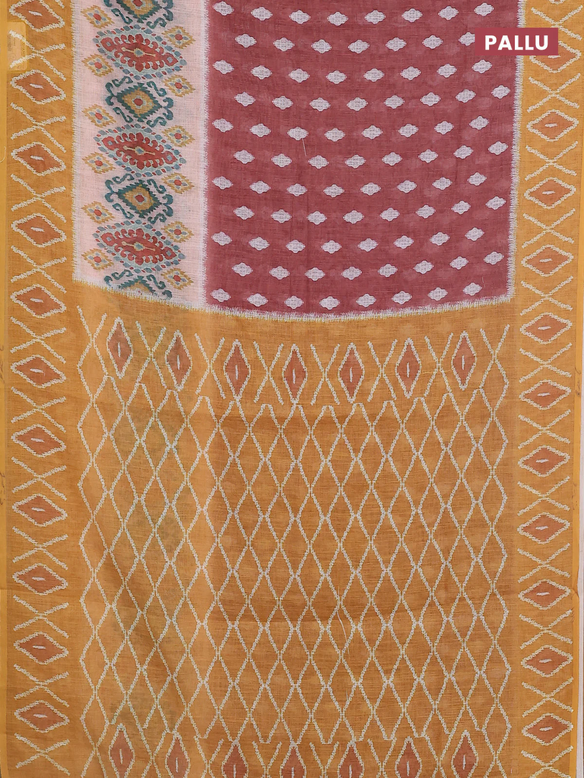 Semi linen saree brown and mustard yellow with allover ikat butta prints and printed border - Image 3