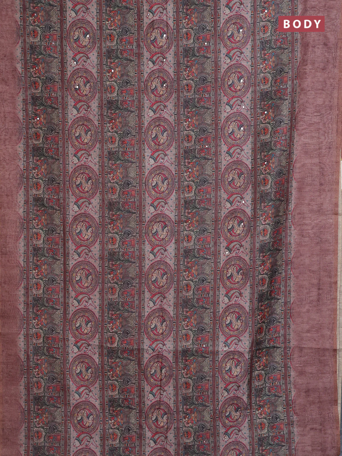 Semi linen saree brown with allover madhubani prints & mirror work - Image 2
