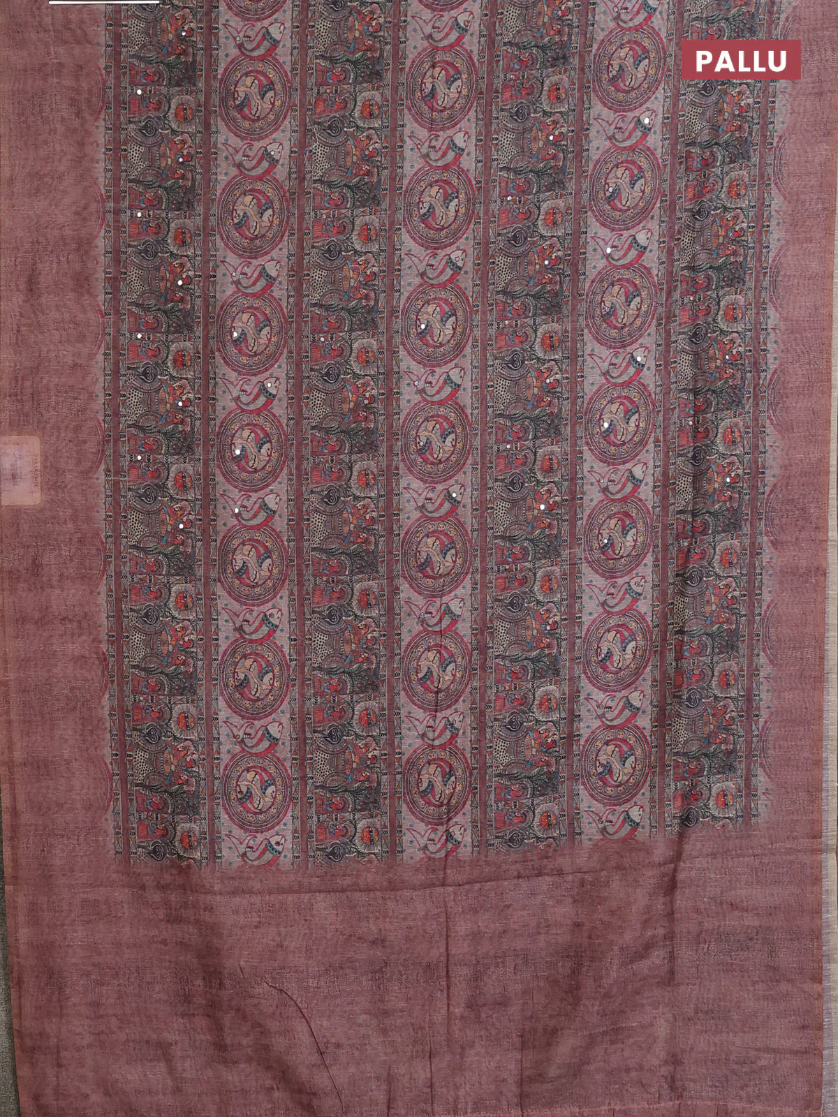 Semi linen saree brown with allover madhubani prints & mirror work - Image 3