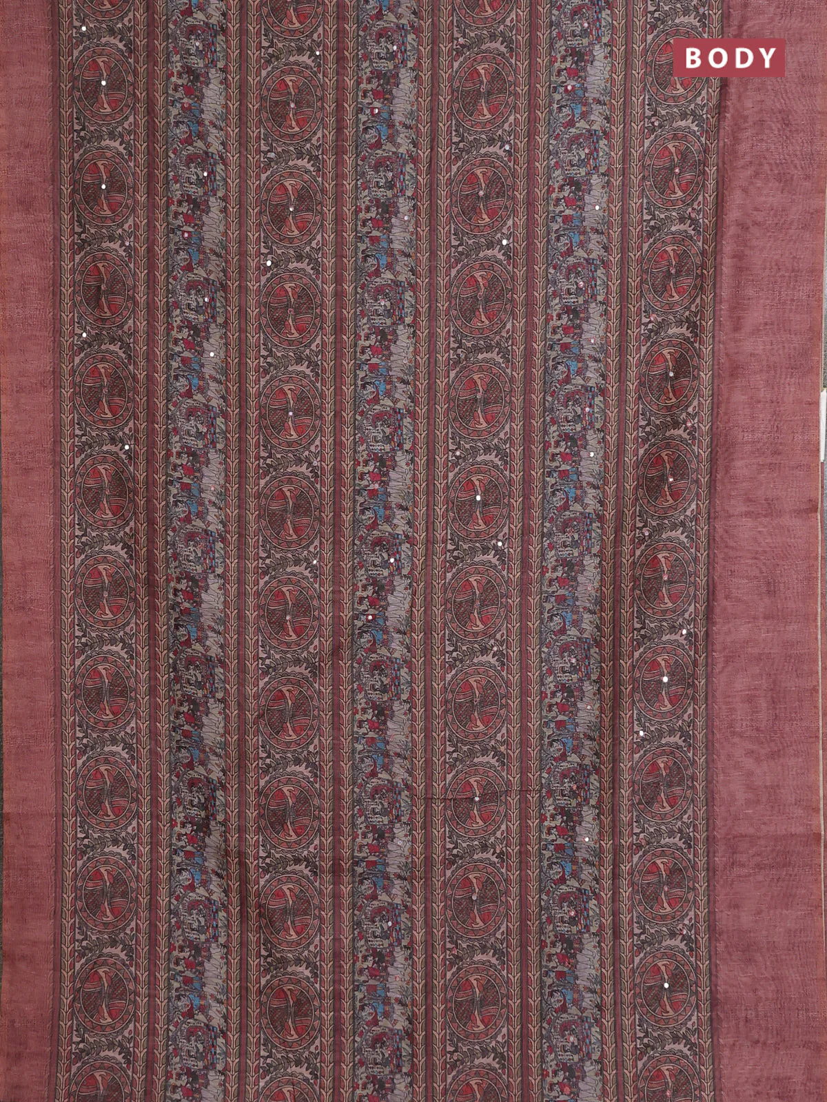 Semi linen saree brown with allover madhubani prints & mirror work - Image 2