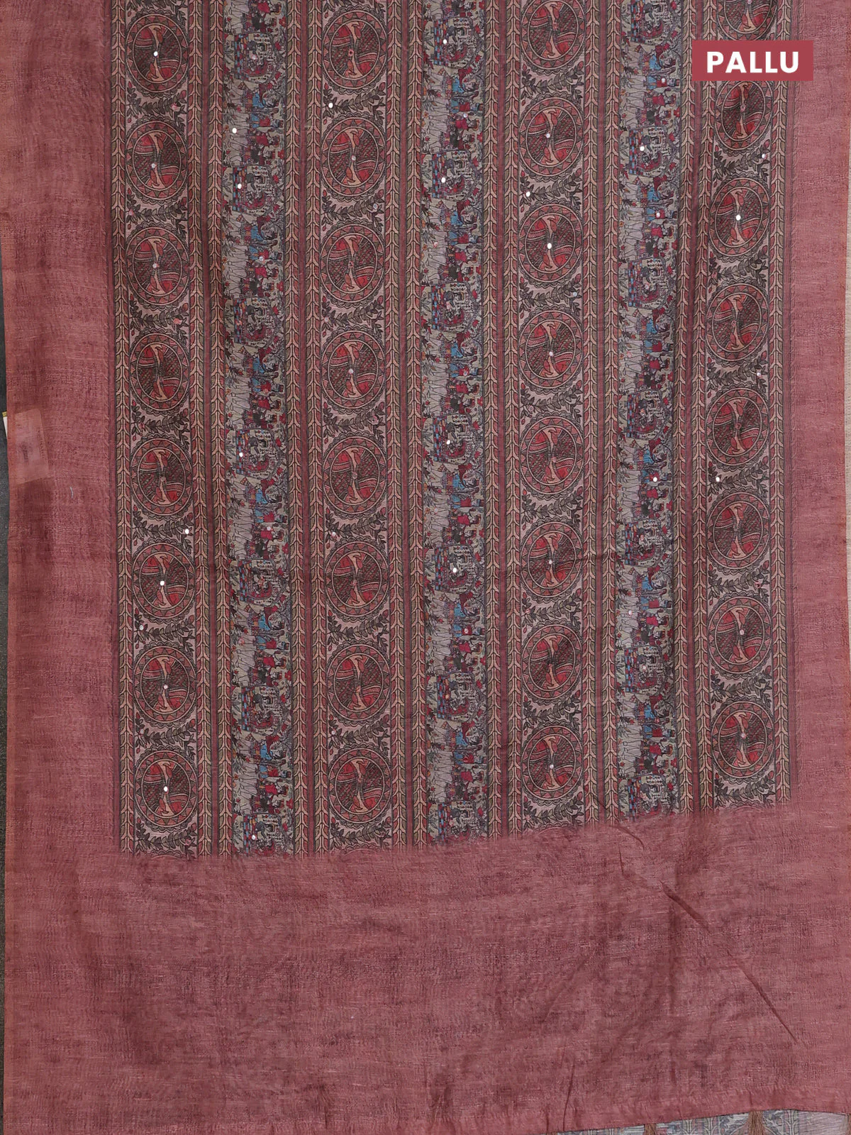 Semi linen saree brown with allover madhubani prints & mirror work - Image 3