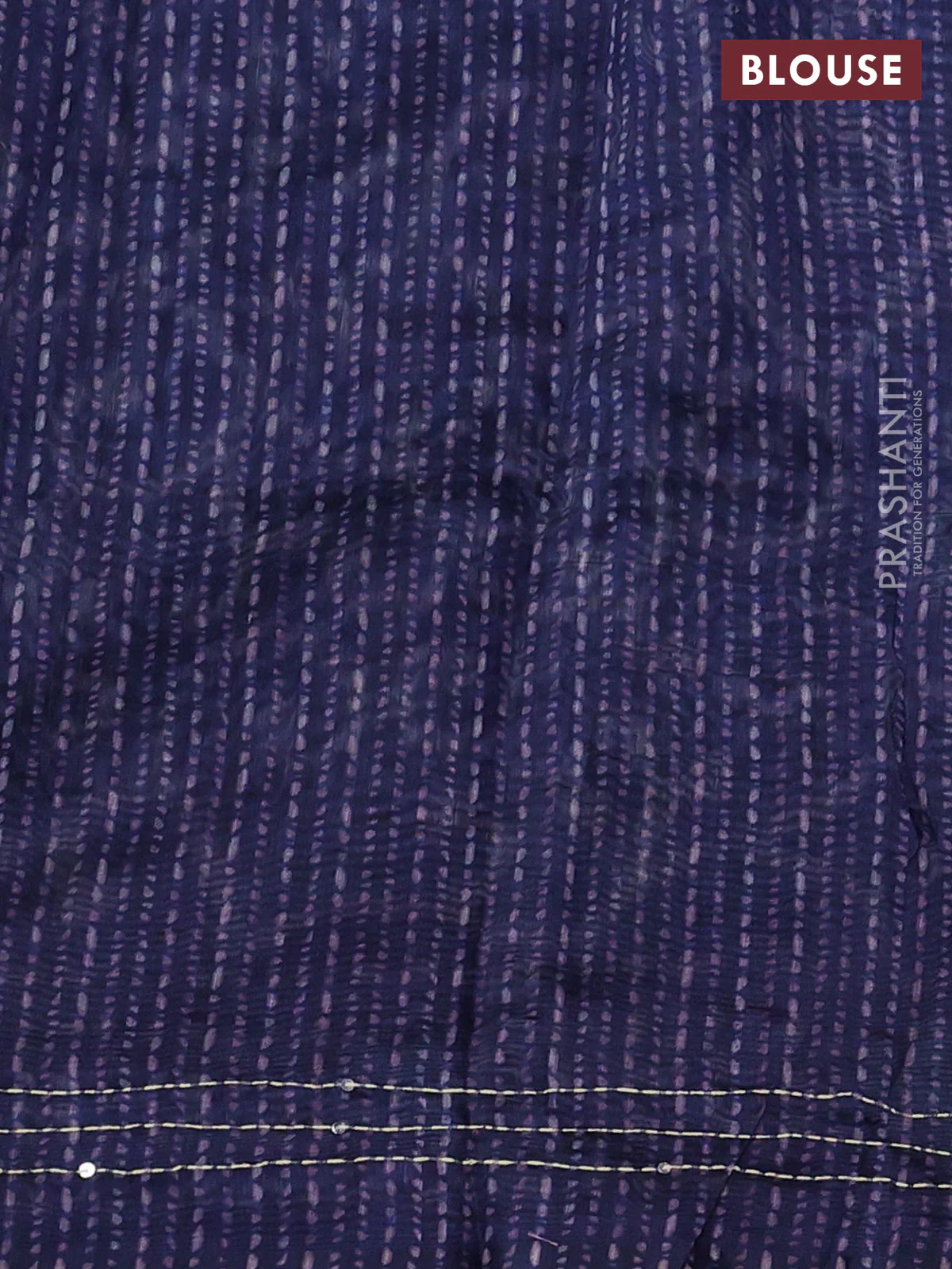 Semi linen saree dark blue with allover prints & kantha stitch work - Image 3