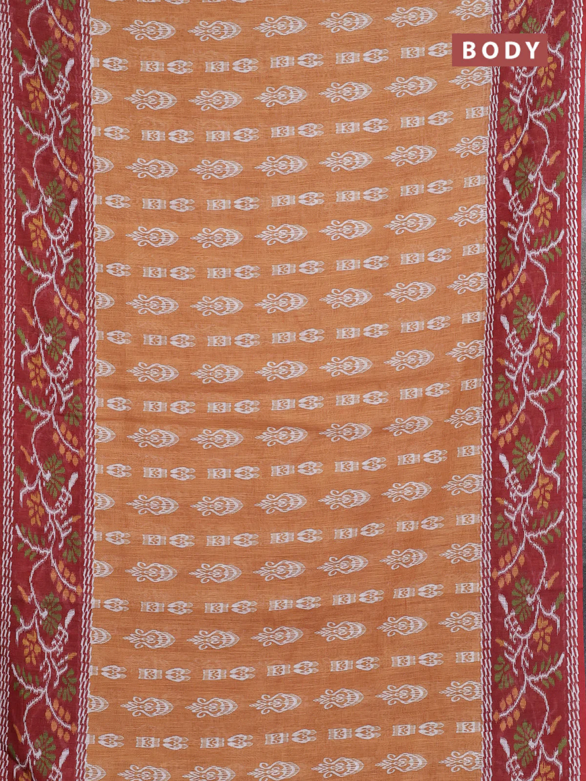 Semi linen saree dark mustard and brown with allover ikat butta prints and long printed border - Image 2