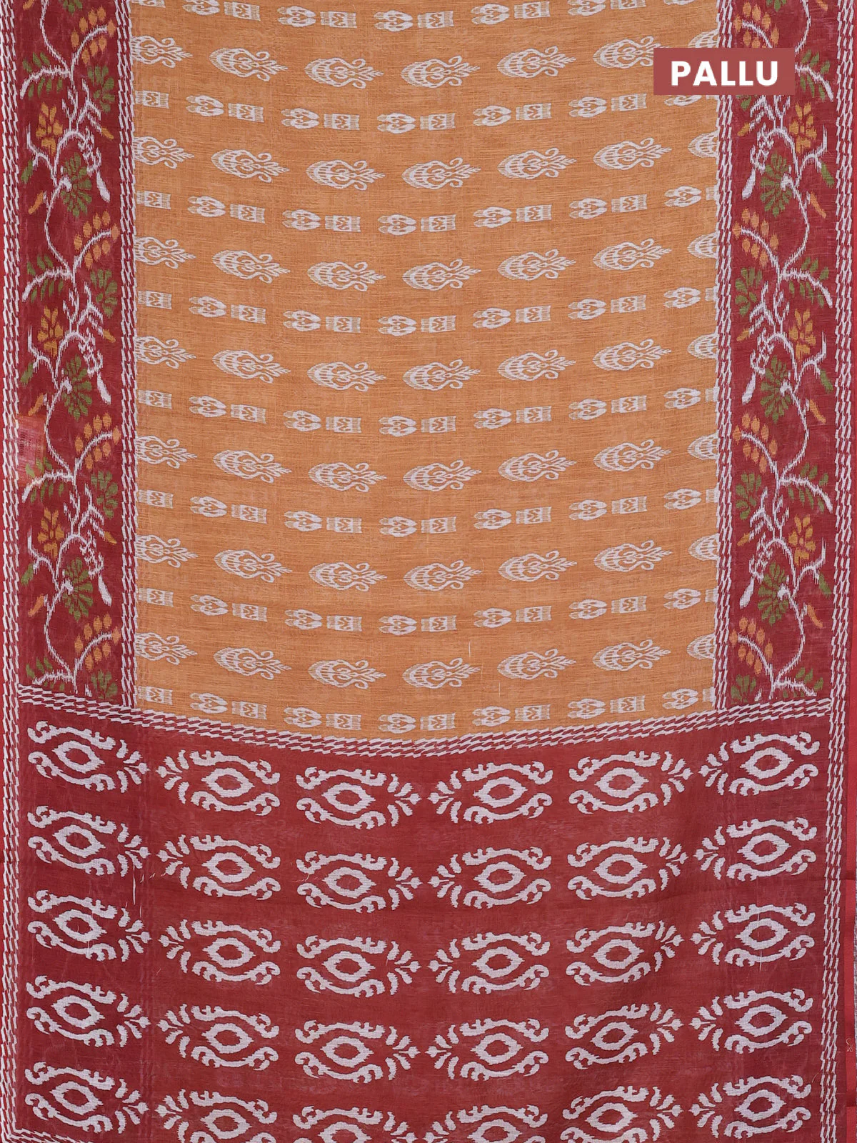 Semi linen saree dark mustard and brown with allover ikat butta prints and long printed border - Image 3