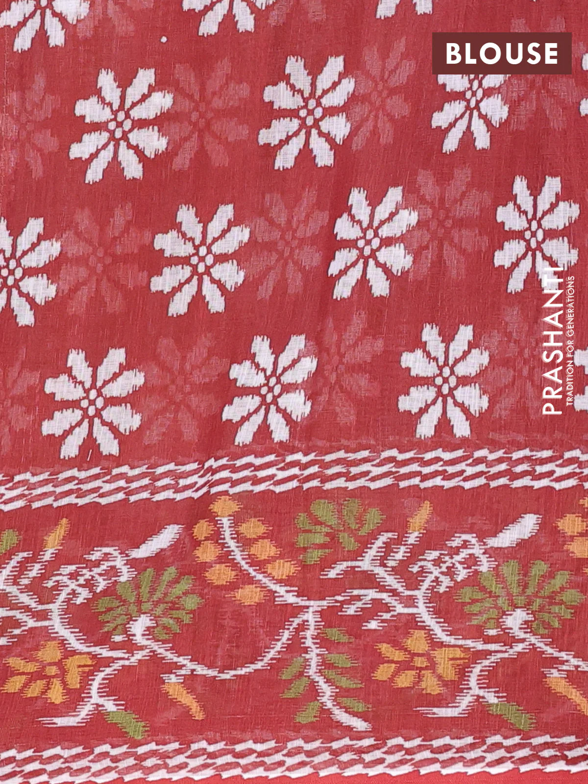 Semi linen saree dark mustard and brown with allover ikat butta prints and long printed border - Image 4
