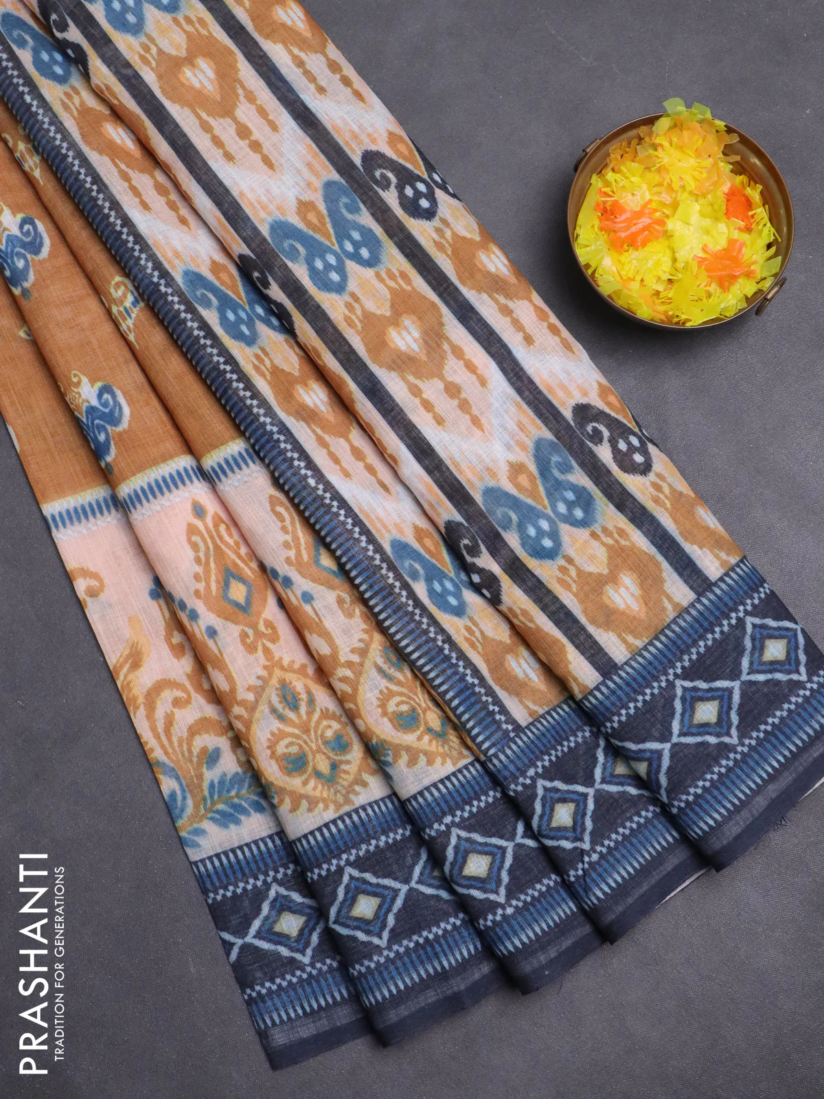 Semi linen saree dark mustard and elephant grey with allover ikat butta prints and printed border