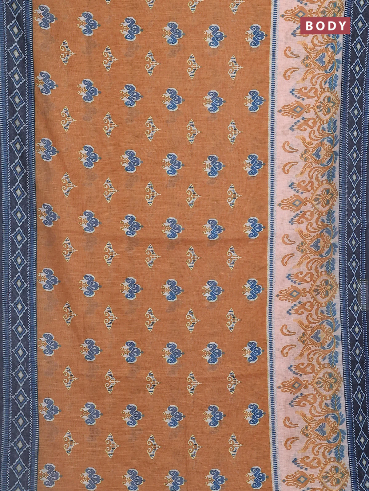 Semi linen saree dark mustard and elephant grey with allover ikat butta prints and printed border - Image 2