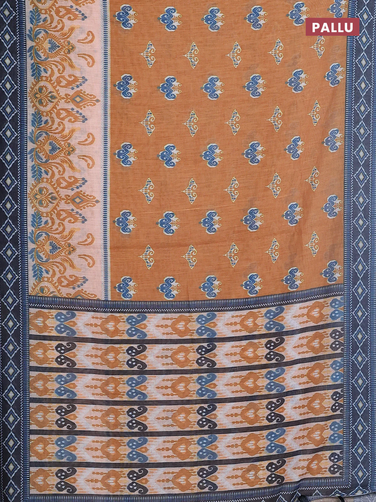 Semi linen saree dark mustard and elephant grey with allover ikat butta prints and printed border - Image 3