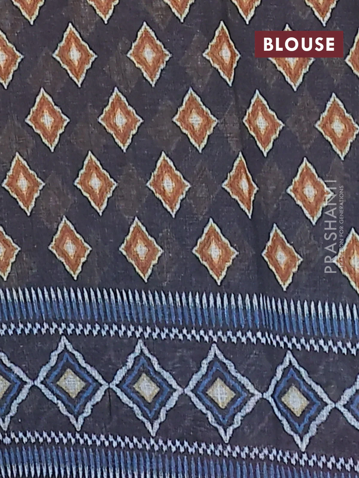 Semi linen saree dark mustard and elephant grey with allover ikat butta prints and printed border - Image 4