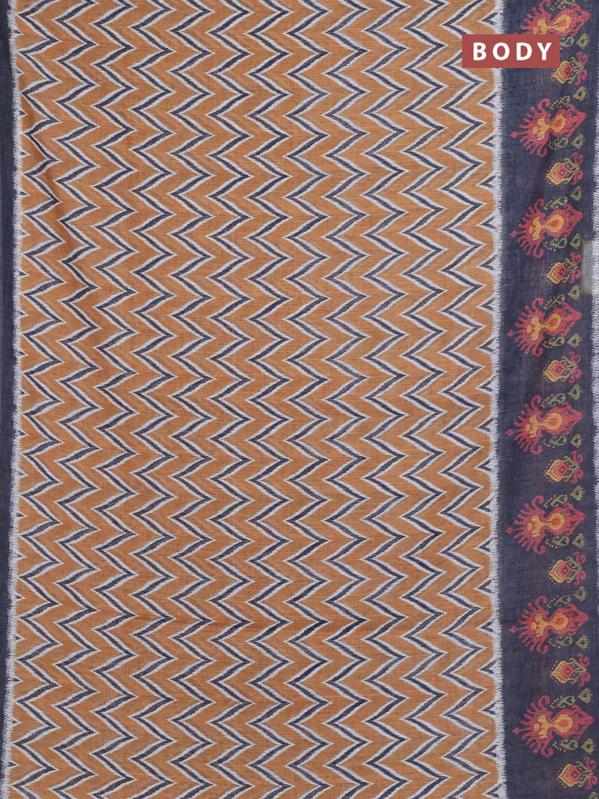 Semi linen saree dark mustard and elephant grey with allover zig zag ikat prints and long printed border - Image 2