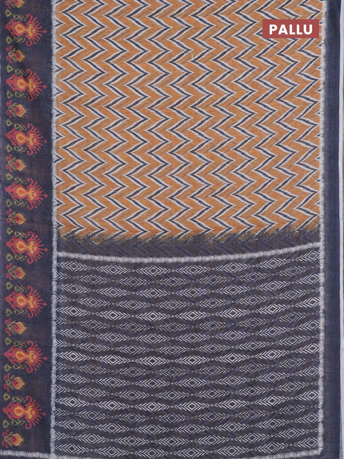 Semi linen saree dark mustard and elephant grey with allover zig zag ikat prints and long printed border - Image 3