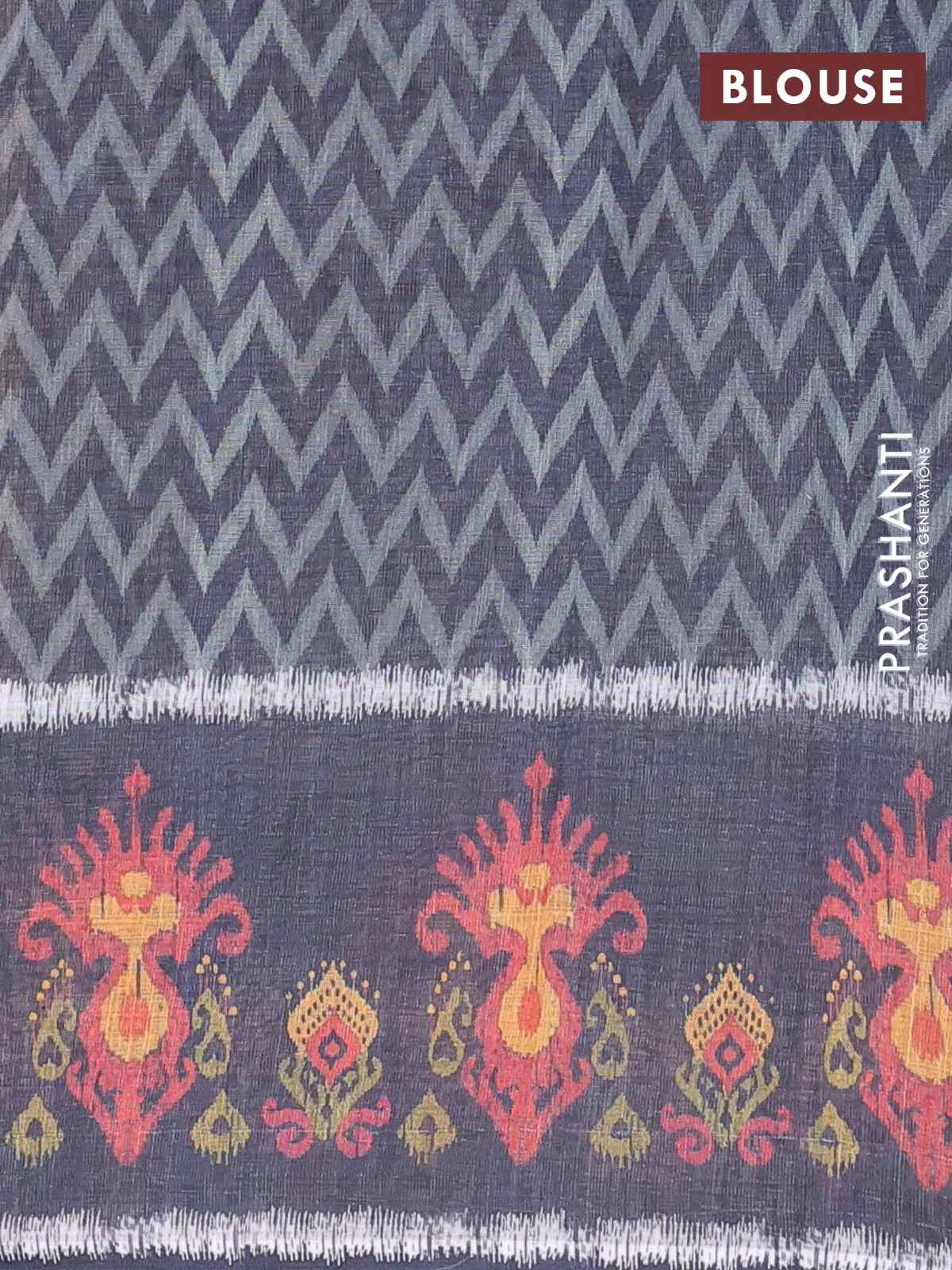 Semi linen saree dark mustard and elephant grey with allover zig zag ikat prints and long printed border - Image 4
