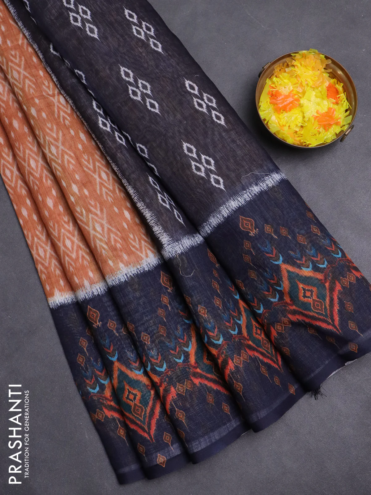 Semi linen saree dark mustard and navy blue with allover ikat prints and long printed border