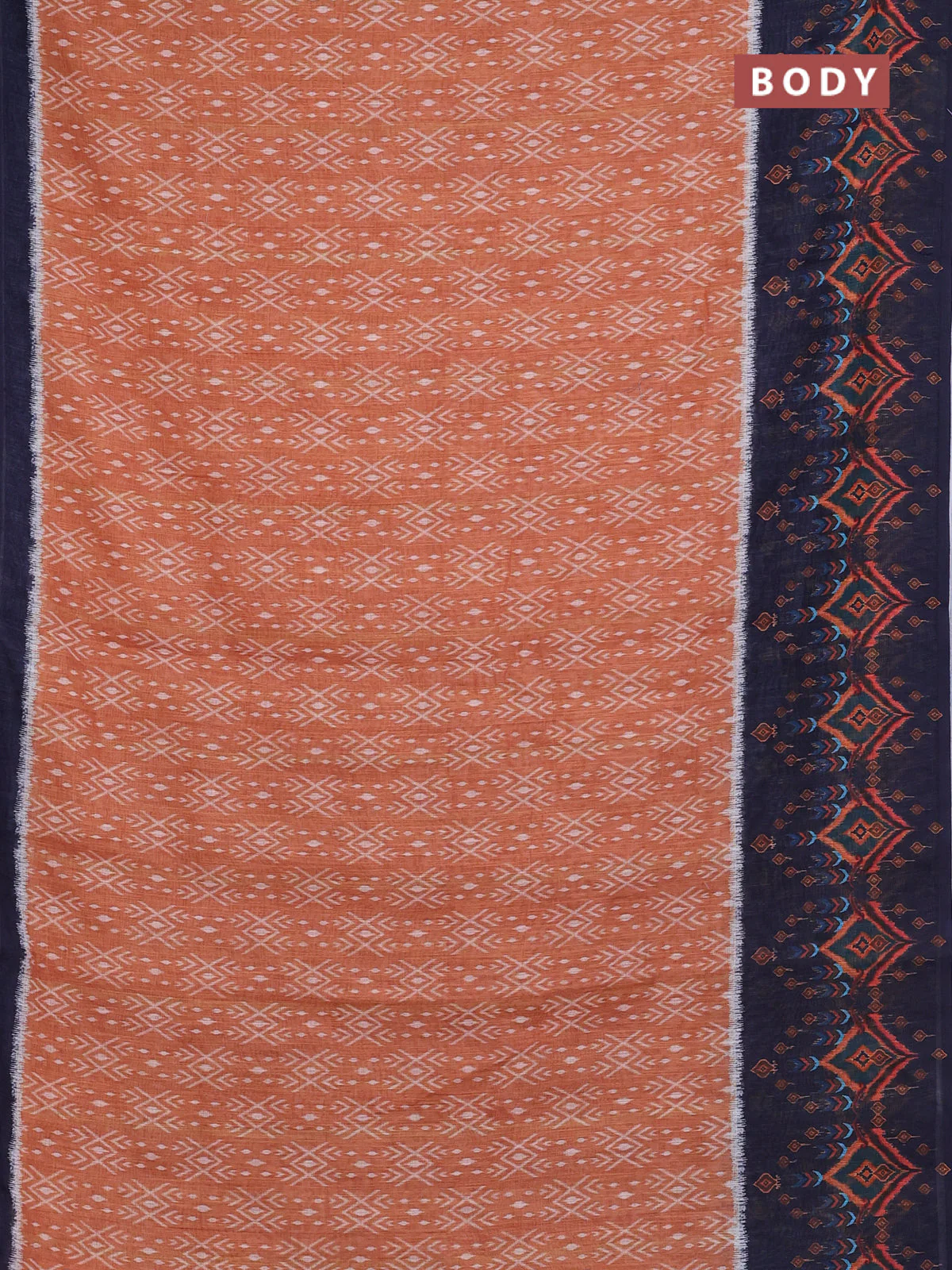 Semi linen saree dark mustard and navy blue with allover ikat prints and long printed border - Image 2