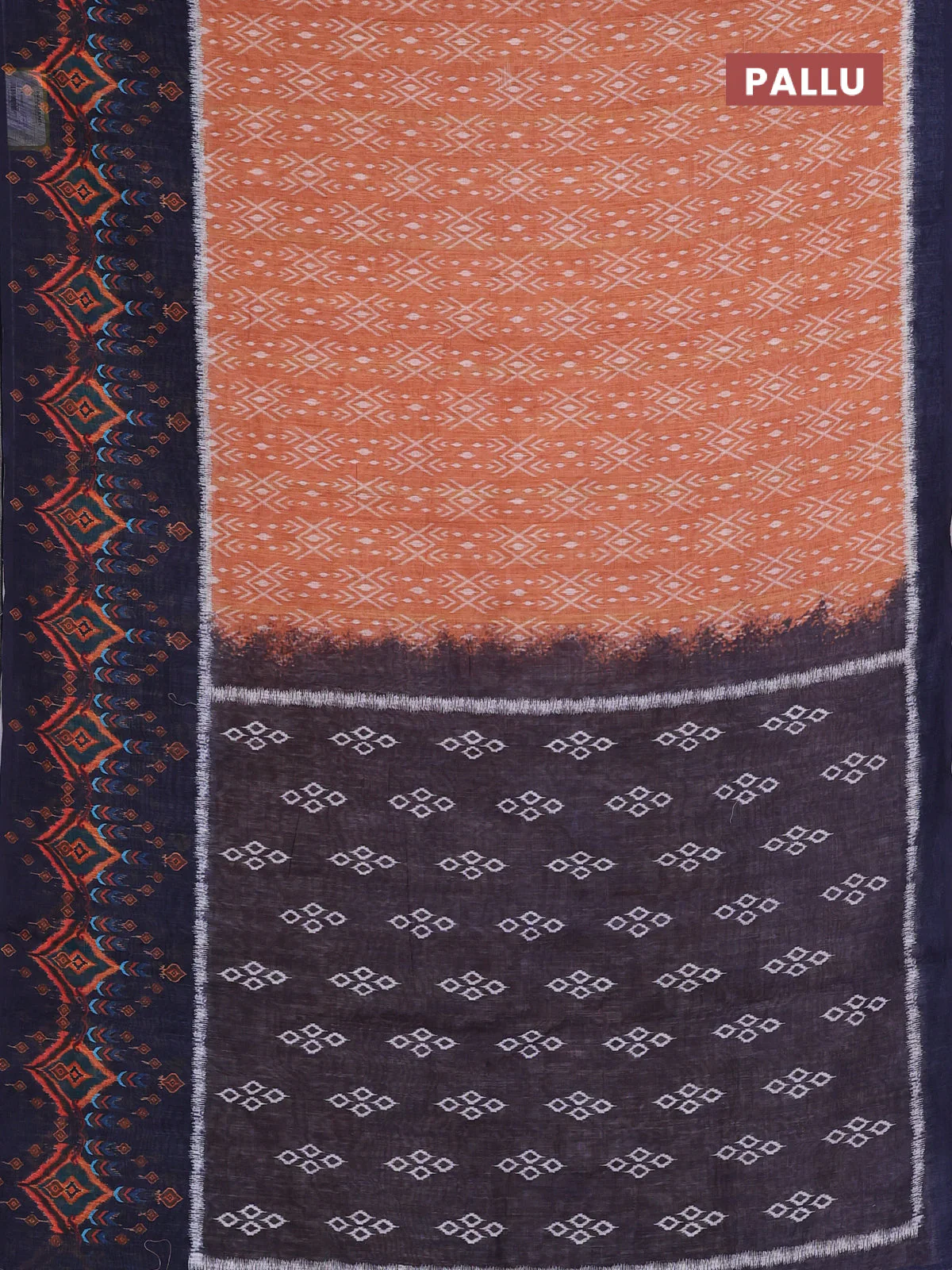 Semi linen saree dark mustard and navy blue with allover ikat prints and long printed border - Image 3