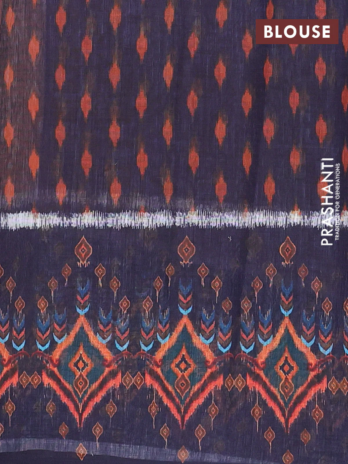 Semi linen saree dark mustard and navy blue with allover ikat prints and long printed border - Image 4