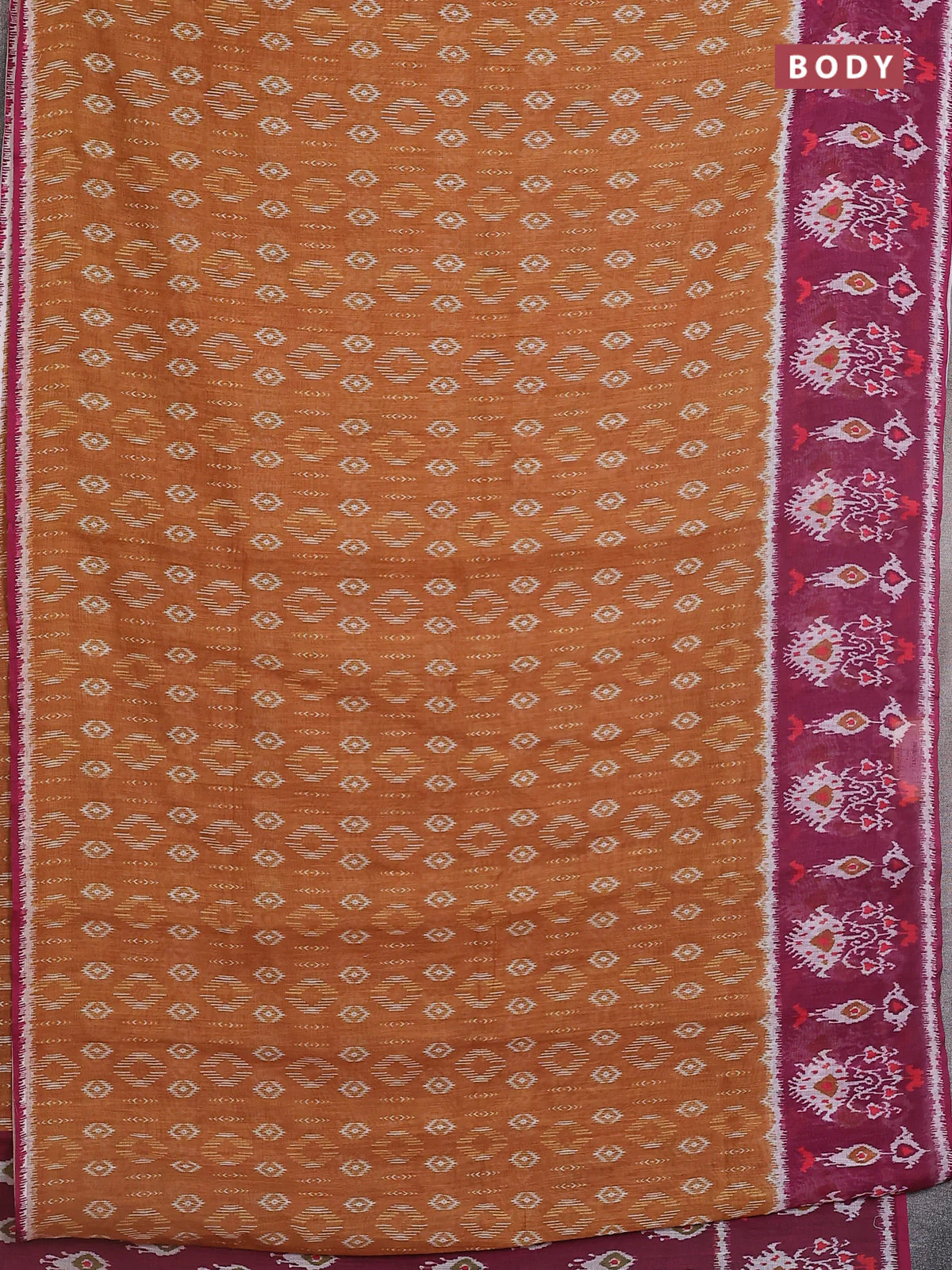 Semi linen saree dark mustard and wine shade with allover ikat prints and long printed border - Image 2