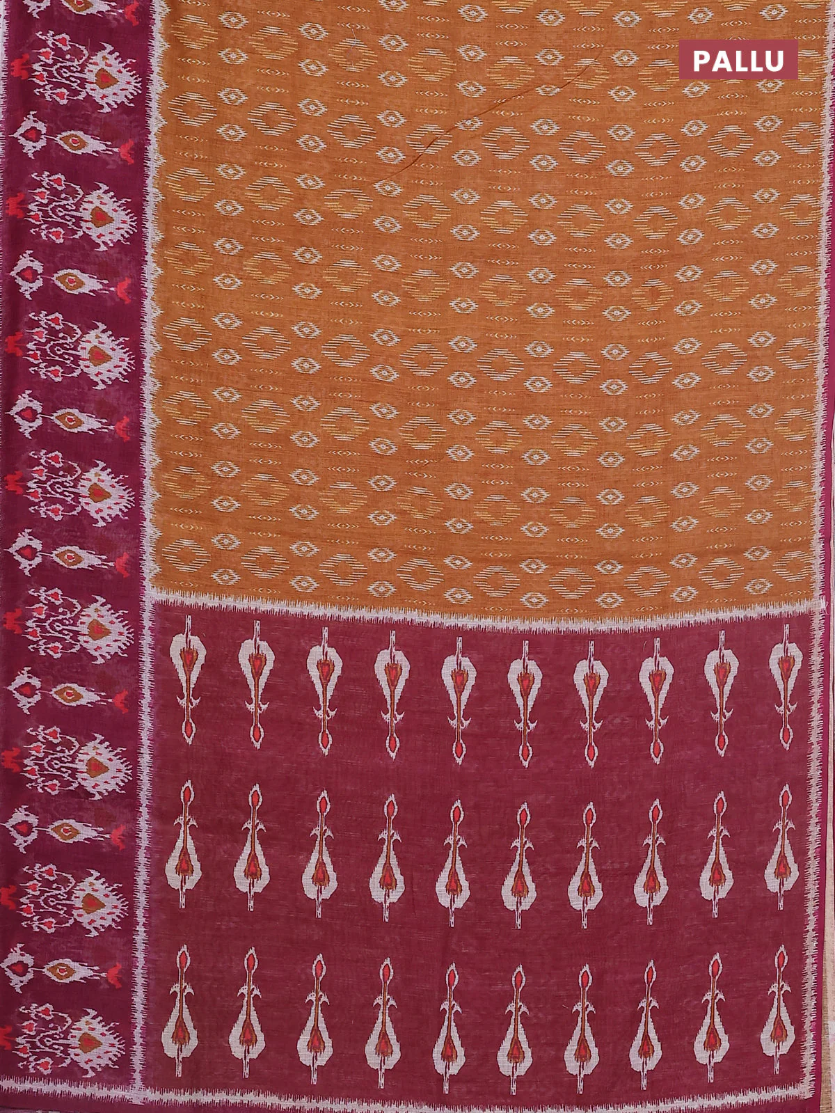Semi linen saree dark mustard and wine shade with allover ikat prints and long printed border - Image 3