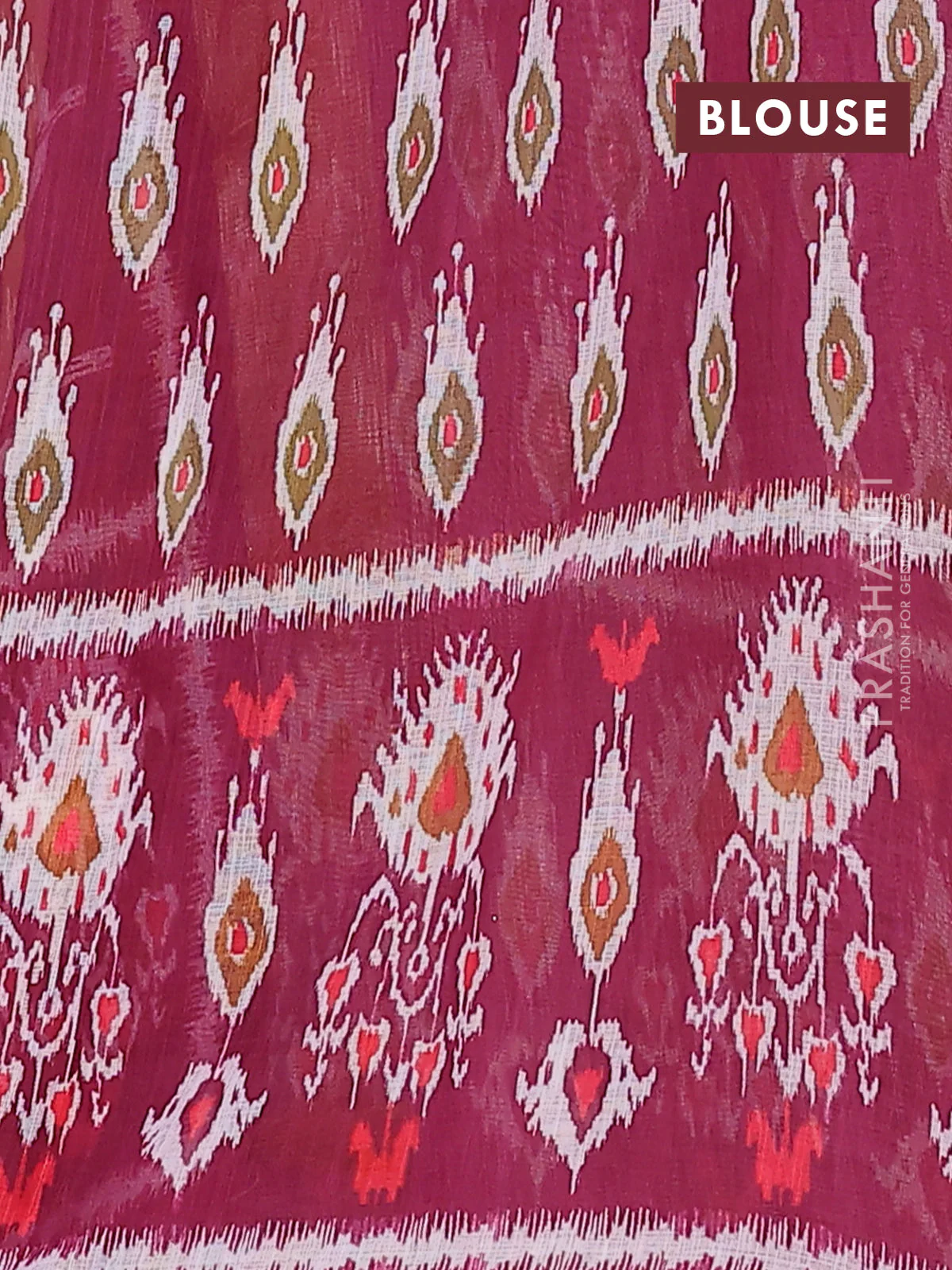 Semi linen saree dark mustard and wine shade with allover ikat prints and long printed border - Image 4