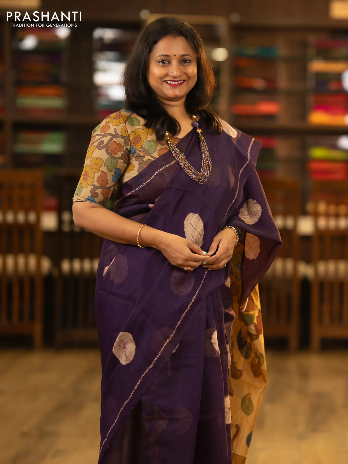Semi linen saree deep jamun and beige with shibori butta prints and kalamkari printed pallu - Image 2