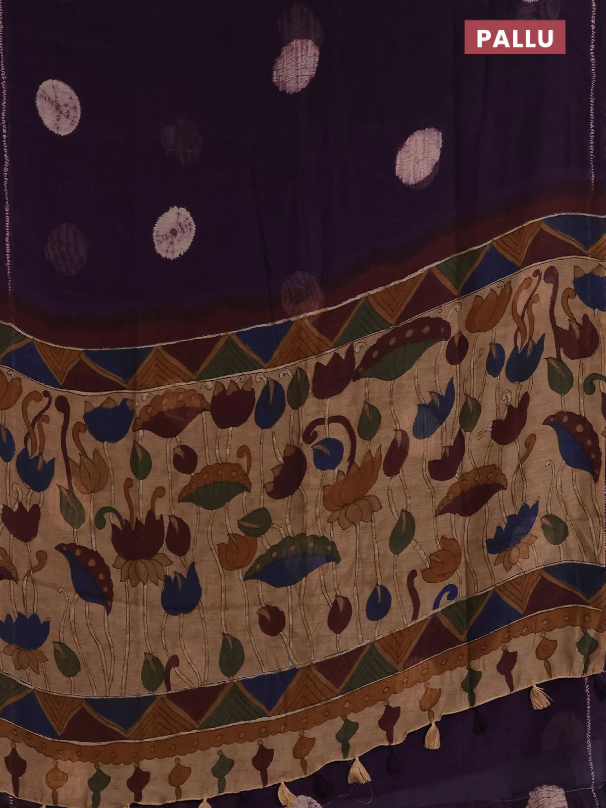 Semi linen saree deep jamun and beige with shibori butta prints and kalamkari printed pallu - Image 5