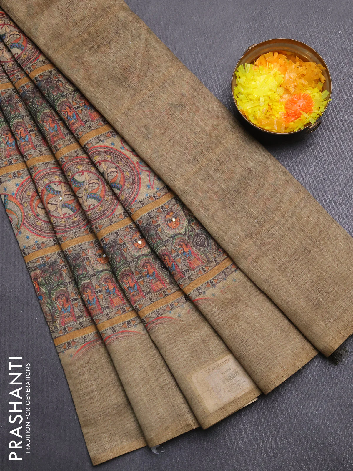Semi linen saree elaichi green with allover madhubani prints & mirror work