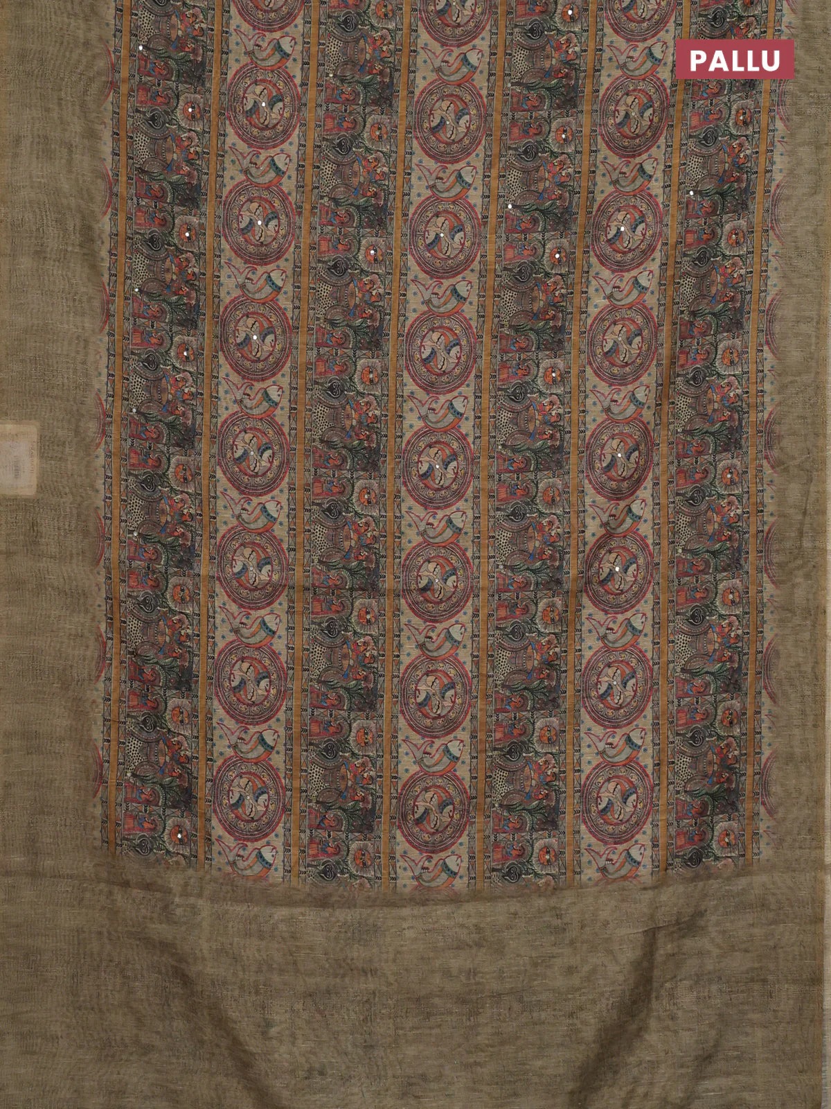 Semi linen saree elaichi green with allover madhubani prints & mirror work - Image 3
