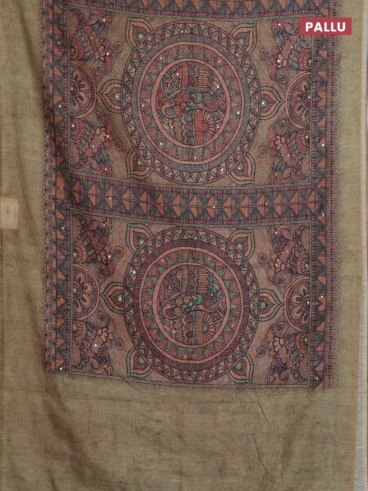 Semi linen saree green shade with allover madhubani prints & mirror work - Image 3