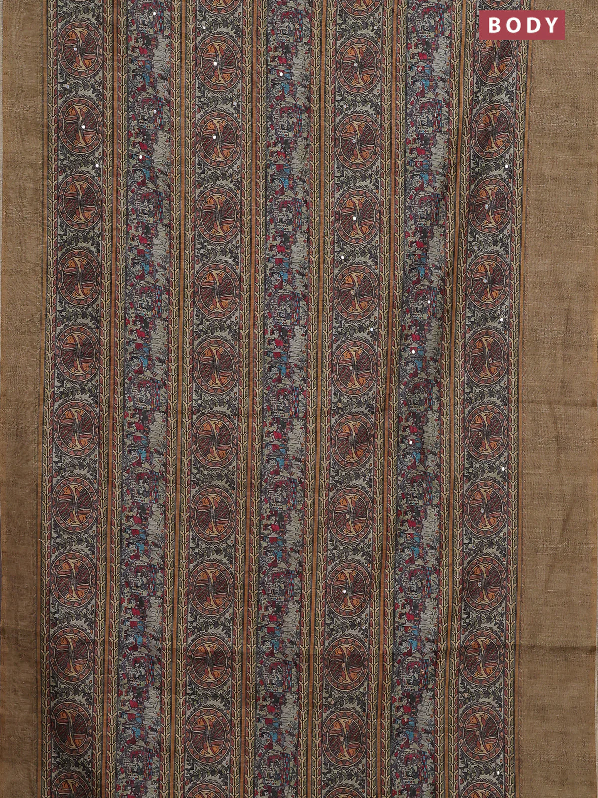 Semi linen saree green shade with allover madhubani prints & mirror work - Image 2