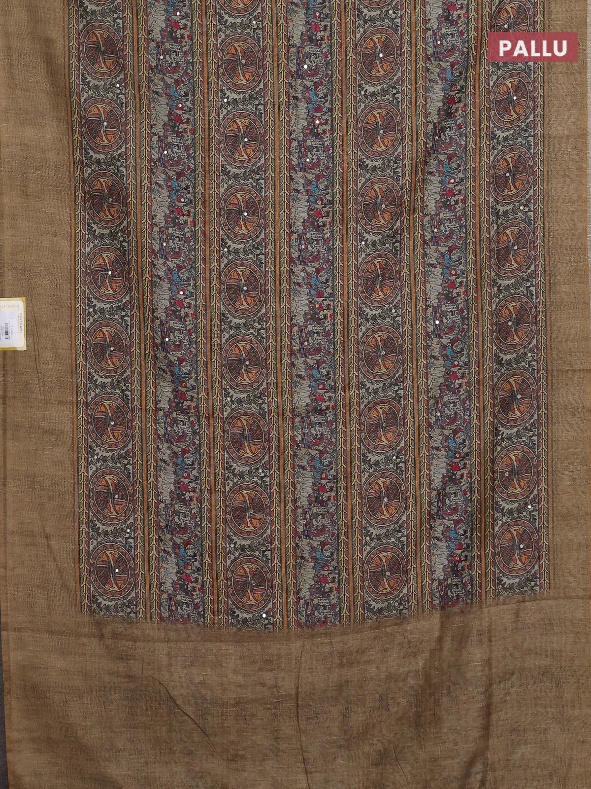 Semi linen saree green shade with allover madhubani prints & mirror work - Image 3