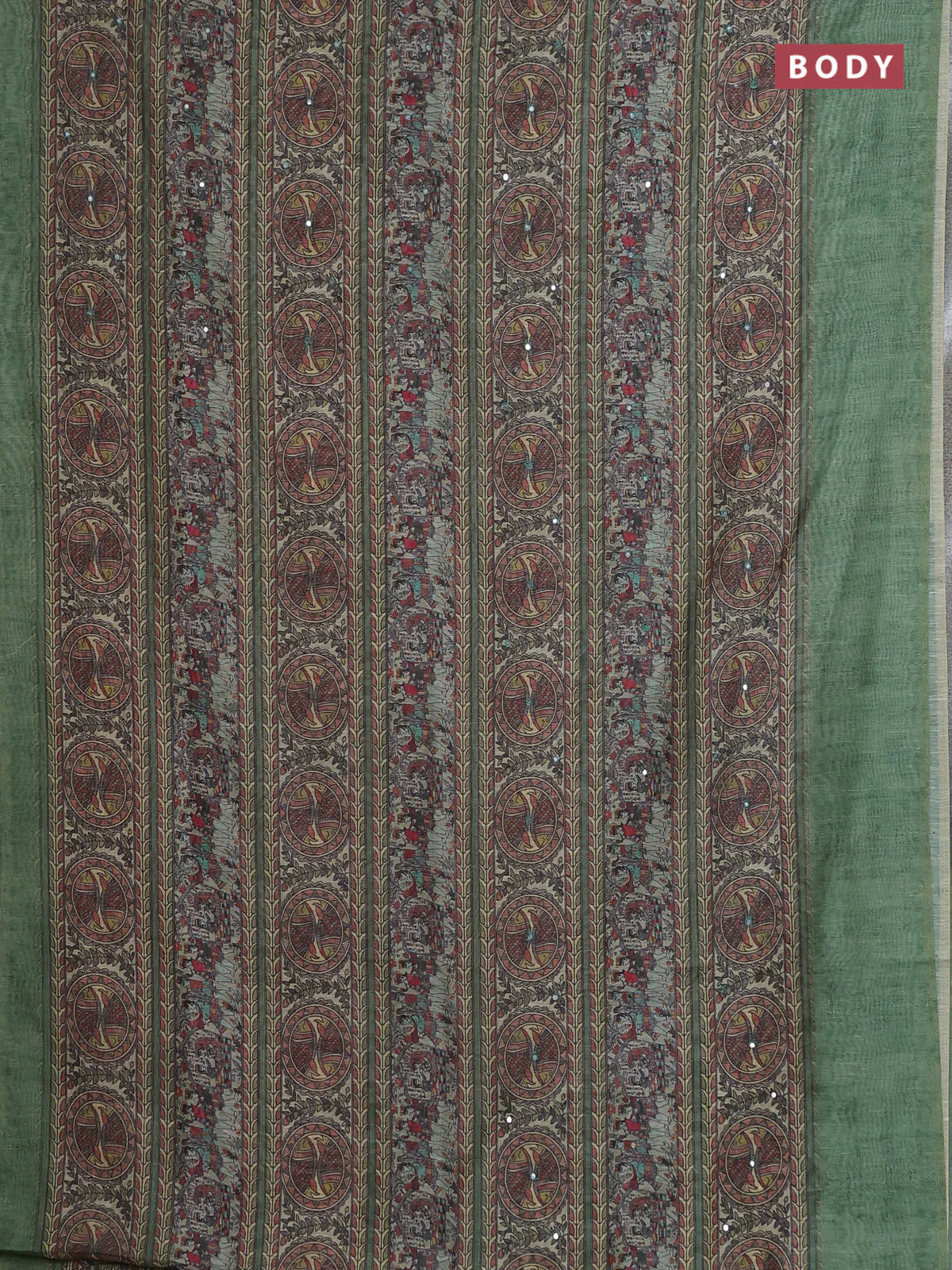 Semi linen saree green with allover madhubani prints & mirror work - Image 2