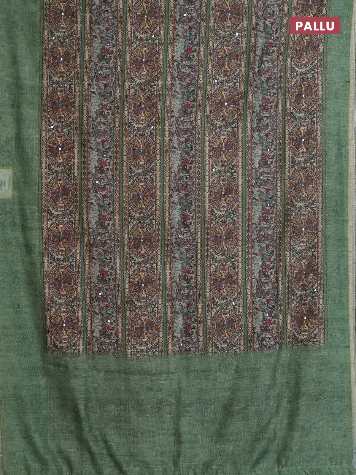 Semi linen saree green with allover madhubani prints & mirror work - Image 3