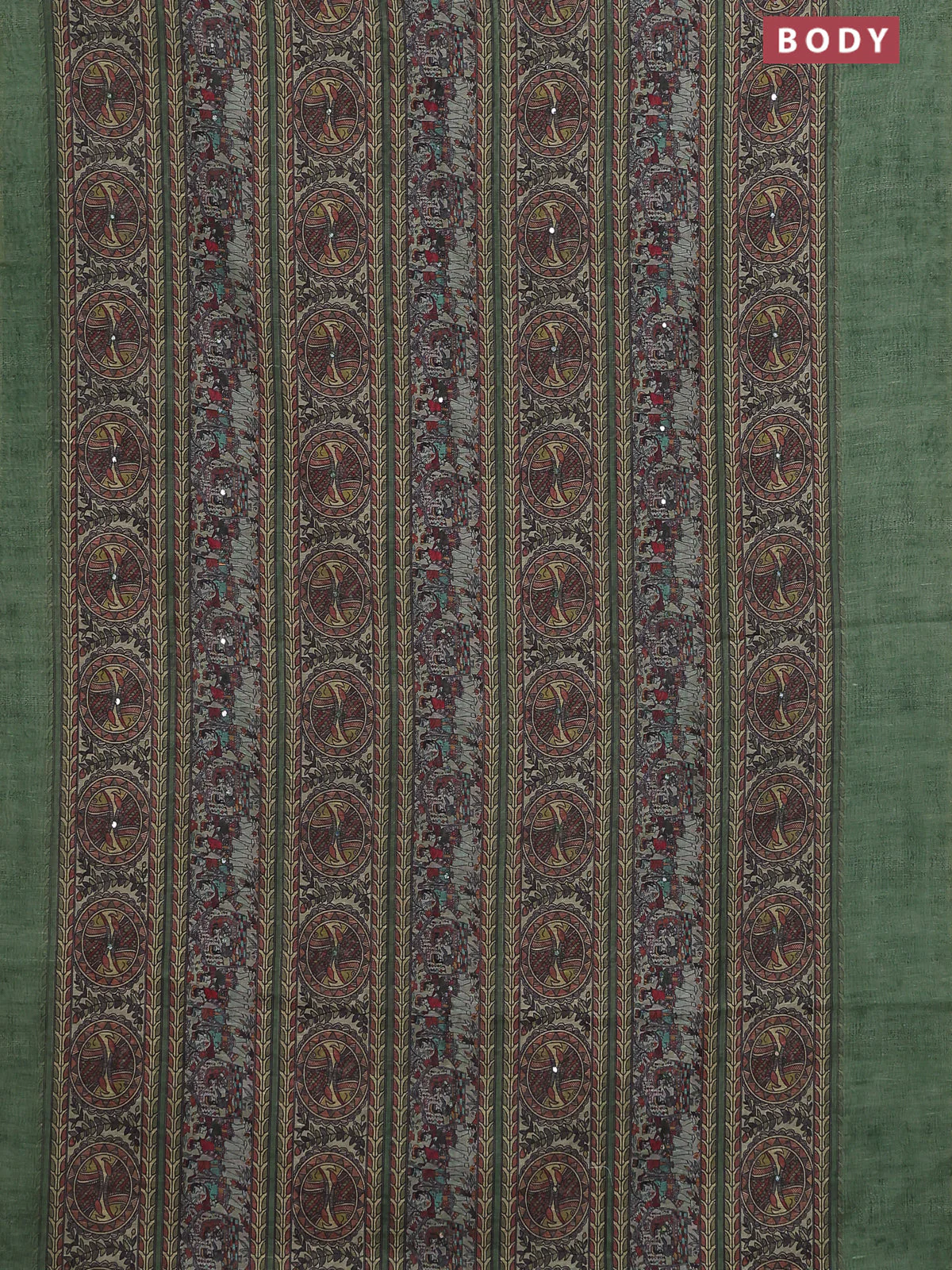 Semi linen saree green with allover madhubani prints & mirror work - Image 2