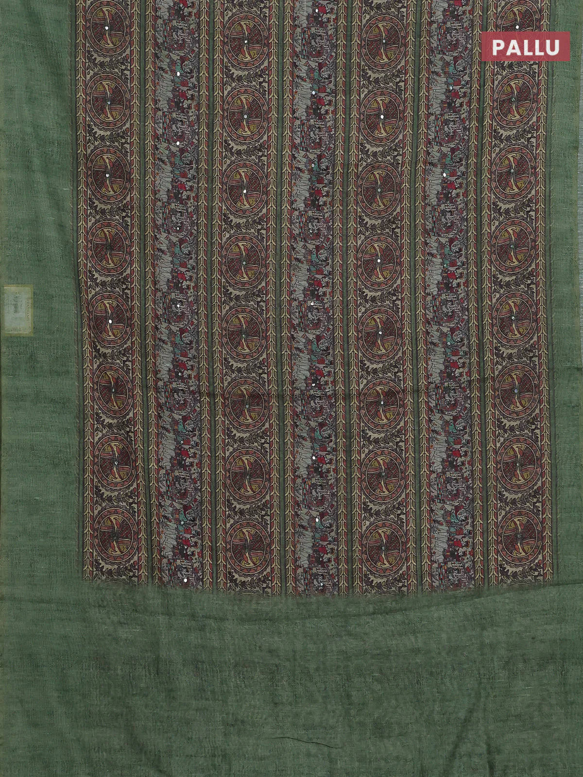 Semi linen saree green with allover madhubani prints & mirror work - Image 3