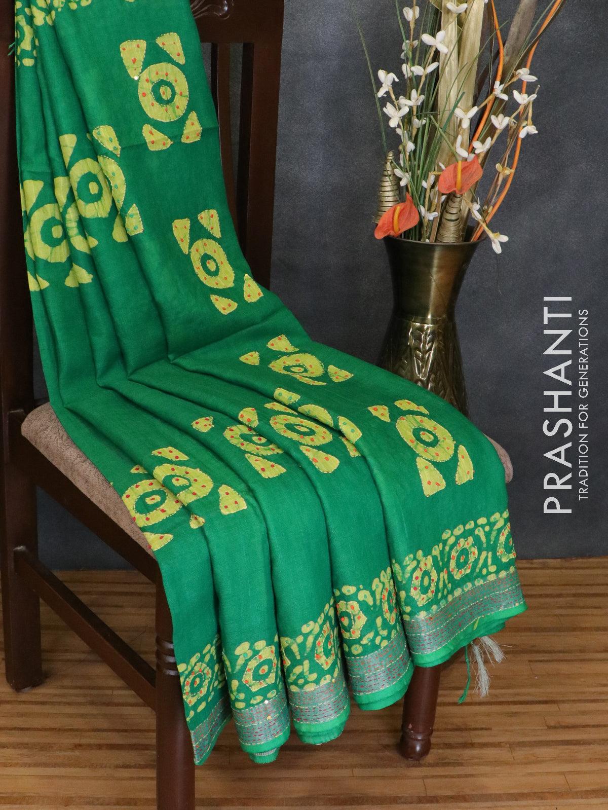 Semi linen saree green with kantha stitch work  and silver zari border - Image 2