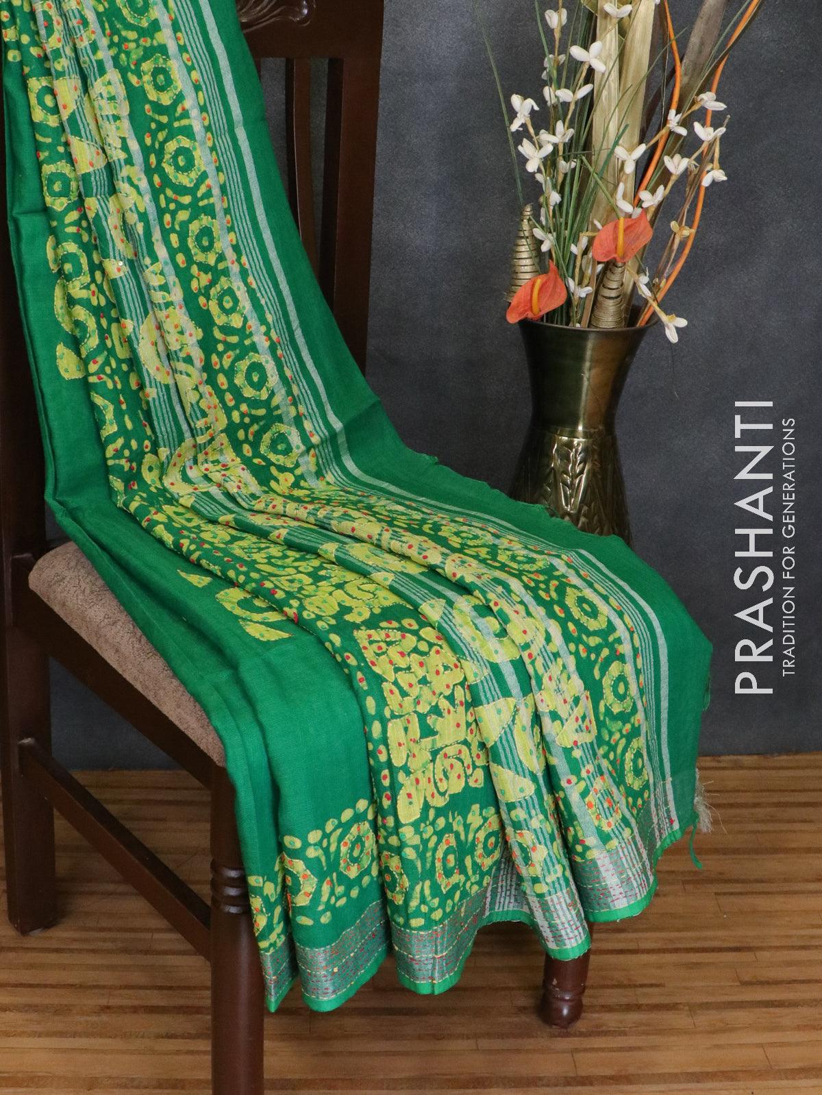 Semi linen saree green with kantha stitch work  and silver zari border - Image 3